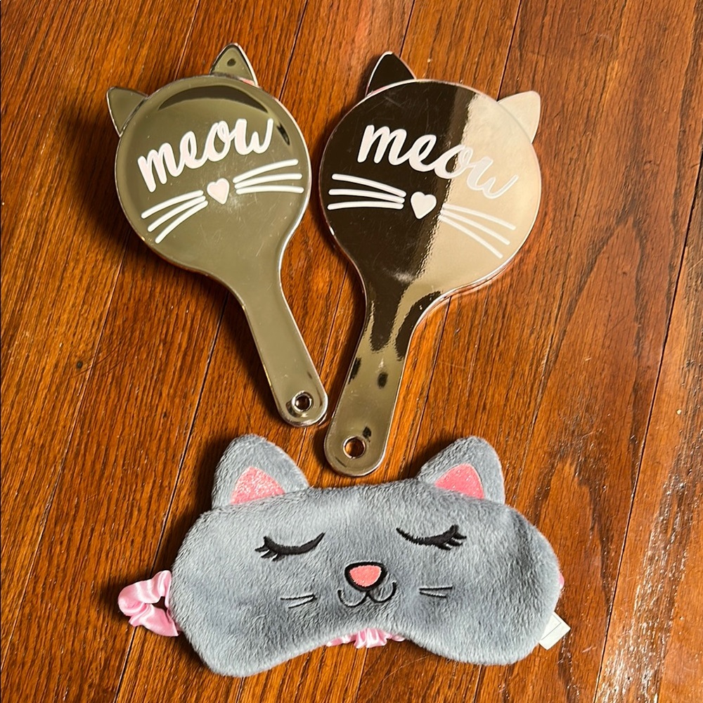 3 Piece Bundle Girls Justice Rose Gold Pink and Gray Cat Sleep Mask Mirror Brush